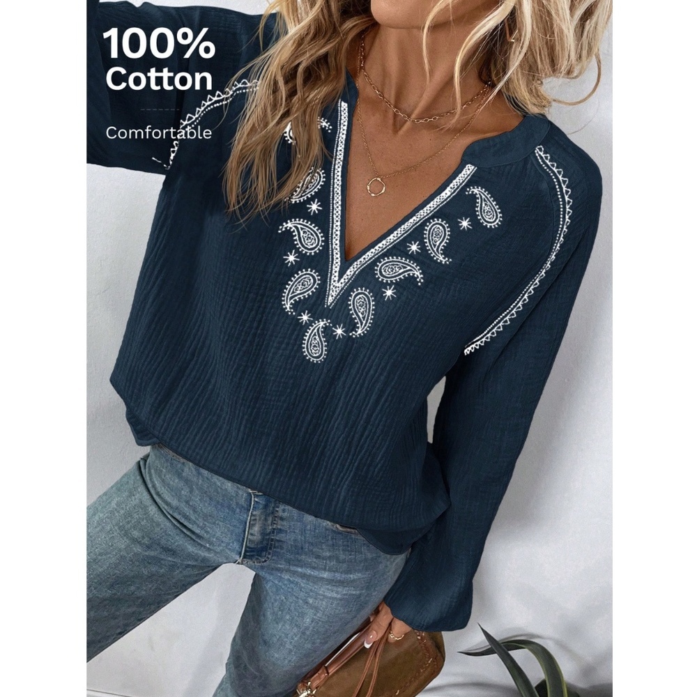100% Cotton Navy Long Sleeve Shirt V-Neck Blue Paisley Embroidery